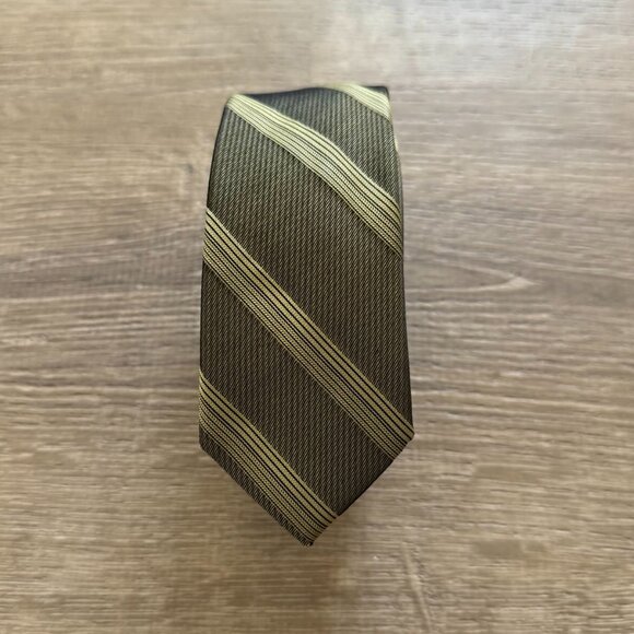 Calvin Klein Olive Green Striped Slim Silk Tie - Picture 4 of 5